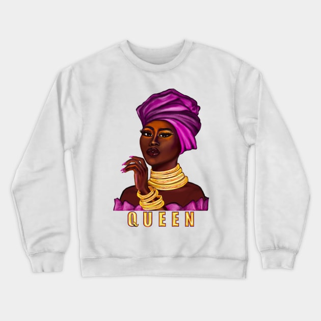 Queen - yass queen - Black is beautiful black girl with Gold bangles, neck ring necklace, purple dress and head wrap, brown eyes and dark brown skin ! Crewneck Sweatshirt by Artonmytee